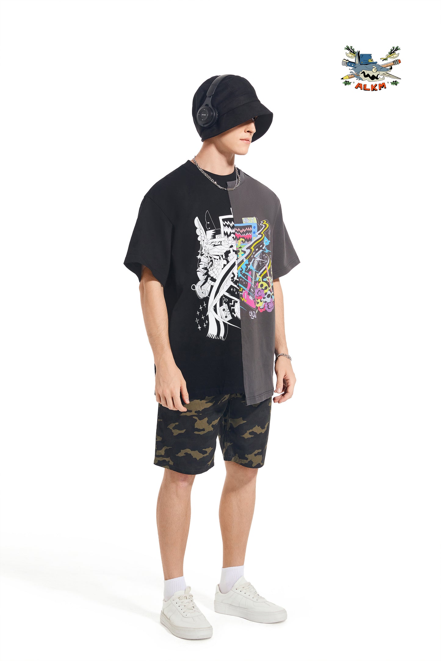 Round neck T-shirt splicing asymmetric printed top summer---Ship within 15-20 days