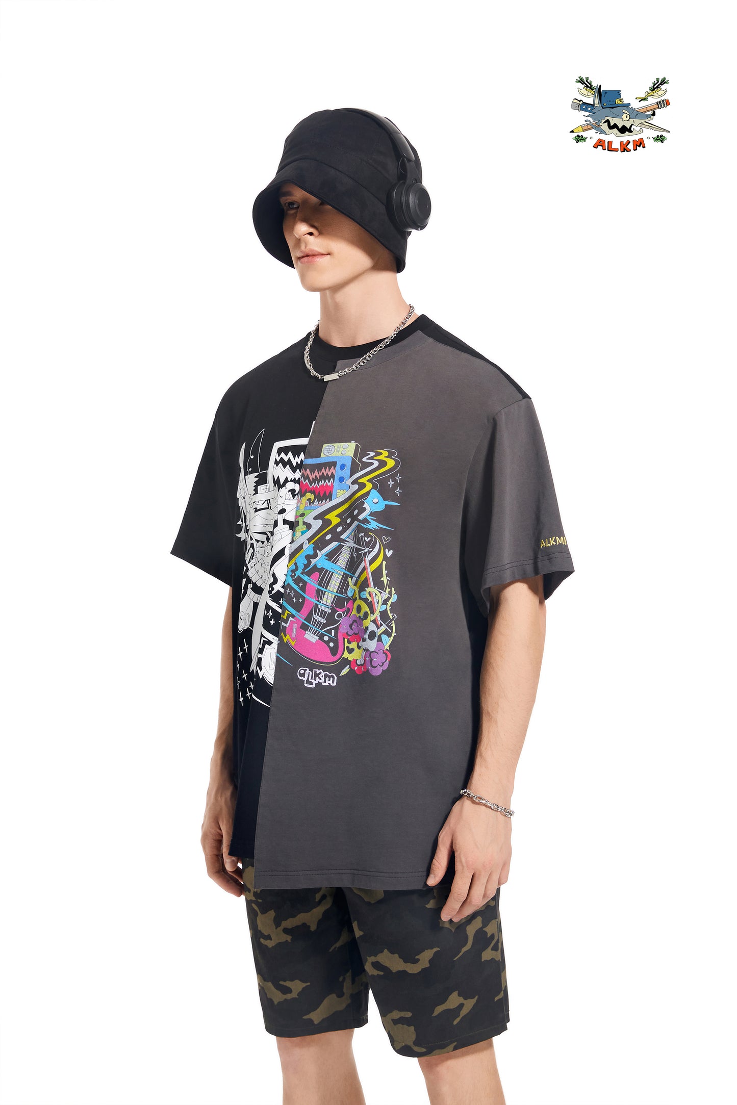 Round neck T-shirt splicing asymmetric printed top summer---Ship within 15-20 days